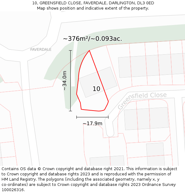 10, GREENSFIELD CLOSE, FAVERDALE, DARLINGTON, DL3 0ED: Plot and title map