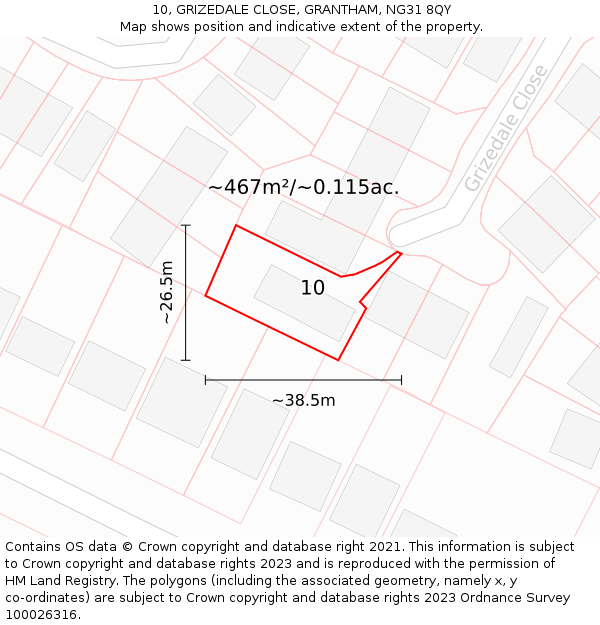 10, GRIZEDALE CLOSE, GRANTHAM, NG31 8QY: Plot and title map