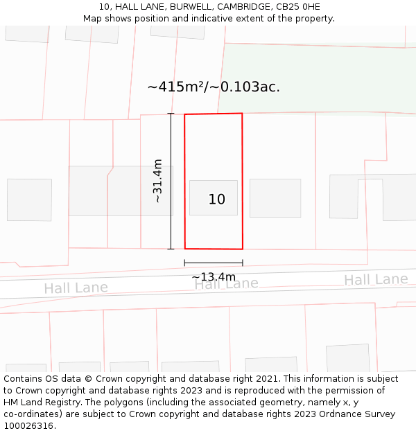 10, HALL LANE, BURWELL, CAMBRIDGE, CB25 0HE: Plot and title map