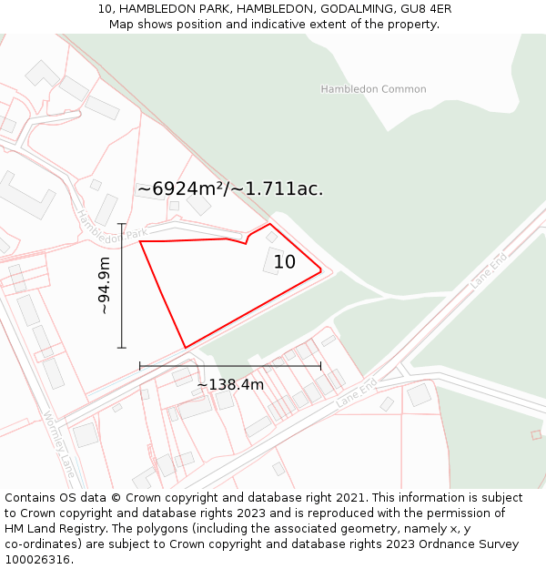 10, HAMBLEDON PARK, HAMBLEDON, GODALMING, GU8 4ER: Plot and title map