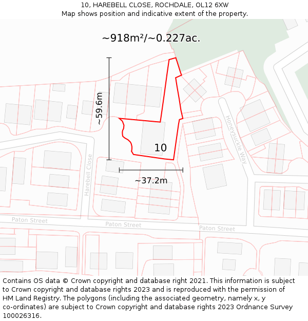 10, HAREBELL CLOSE, ROCHDALE, OL12 6XW: Plot and title map