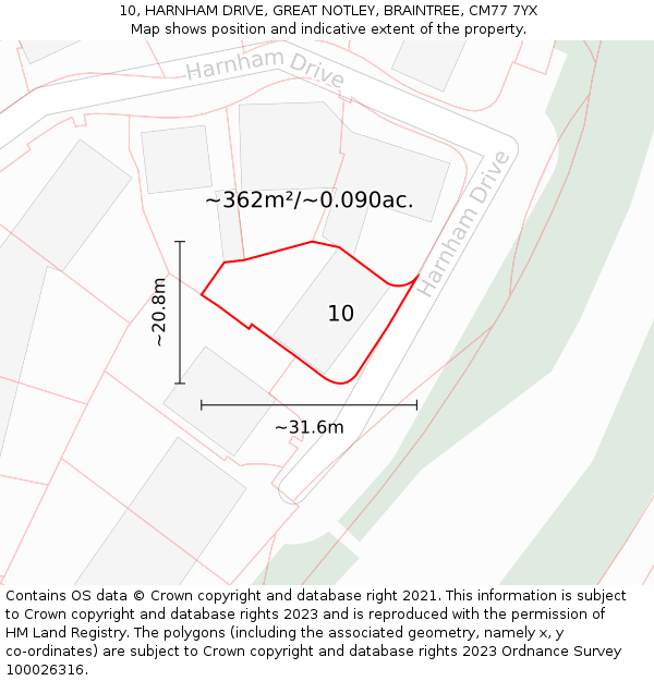 10, HARNHAM DRIVE, GREAT NOTLEY, BRAINTREE, CM77 7YX: Plot and title map