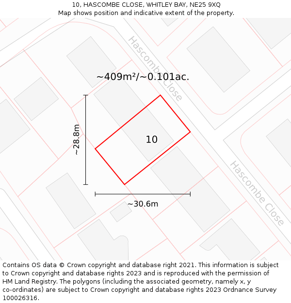 10, HASCOMBE CLOSE, WHITLEY BAY, NE25 9XQ: Plot and title map