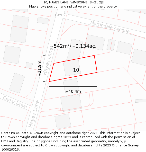 10, HAYES LANE, WIMBORNE, BH21 2JE: Plot and title map