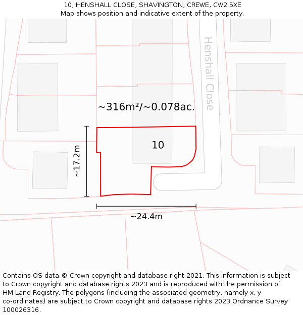 10, HENSHALL CLOSE, SHAVINGTON, CREWE, CW2 5XE: Plot and title map