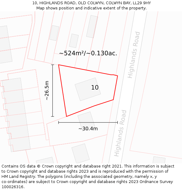 10, HIGHLANDS ROAD, OLD COLWYN, COLWYN BAY, LL29 9HY: Plot and title map