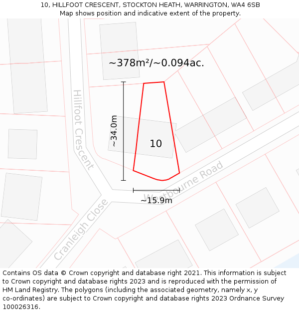 10, HILLFOOT CRESCENT, STOCKTON HEATH, WARRINGTON, WA4 6SB: Plot and title map