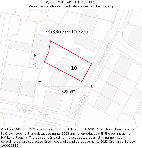 10, HOLFORD WAY, LUTON, LU3 4EB: Plot and title map