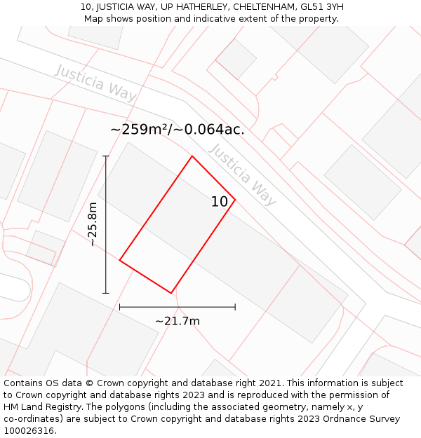 10, JUSTICIA WAY, UP HATHERLEY, CHELTENHAM, GL51 3YH: Plot and title map