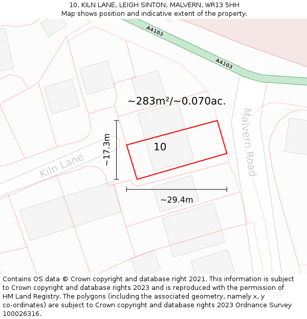 10, KILN LANE, LEIGH SINTON, MALVERN, WR13 5HH: Plot and title map