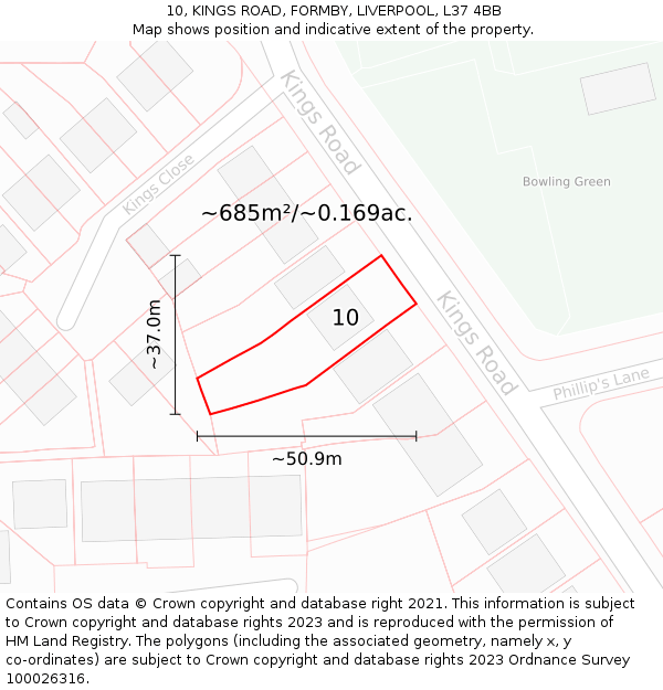 10, KINGS ROAD, FORMBY, LIVERPOOL, L37 4BB: Plot and title map