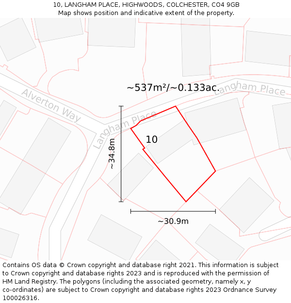 10, LANGHAM PLACE, HIGHWOODS, COLCHESTER, CO4 9GB: Plot and title map