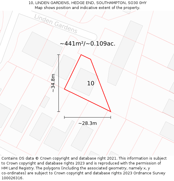 10, LINDEN GARDENS, HEDGE END, SOUTHAMPTON, SO30 0HY: Plot and title map