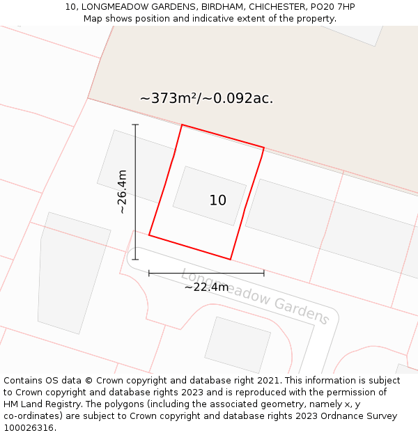 10, LONGMEADOW GARDENS, BIRDHAM, CHICHESTER, PO20 7HP: Plot and title map