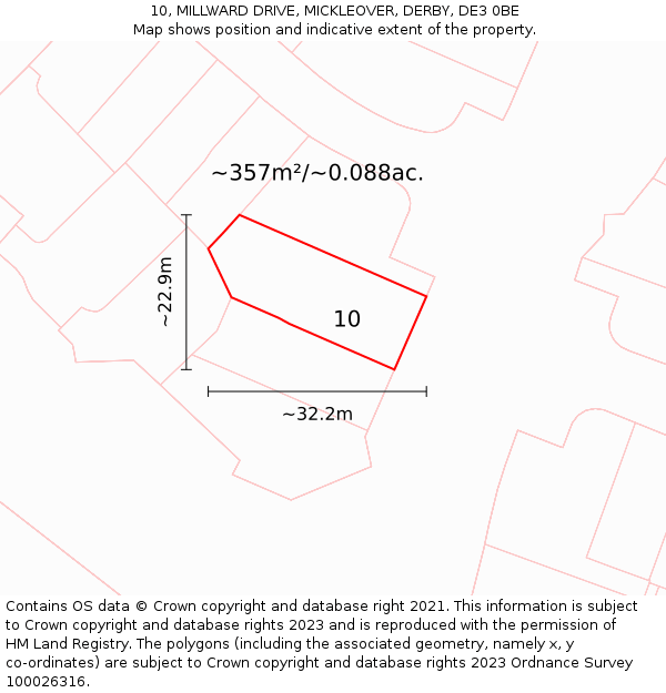 10, MILLWARD DRIVE, MICKLEOVER, DERBY, DE3 0BE: Plot and title map