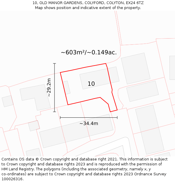 10, OLD MANOR GARDENS, COLYFORD, COLYTON, EX24 6TZ: Plot and title map