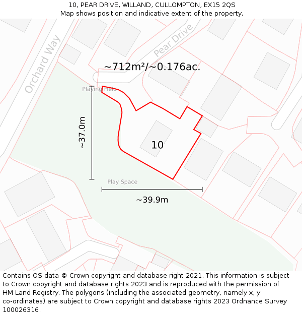 10, PEAR DRIVE, WILLAND, CULLOMPTON, EX15 2QS: Plot and title map