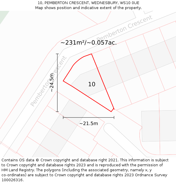 10, PEMBERTON CRESCENT, WEDNESBURY, WS10 0UE: Plot and title map