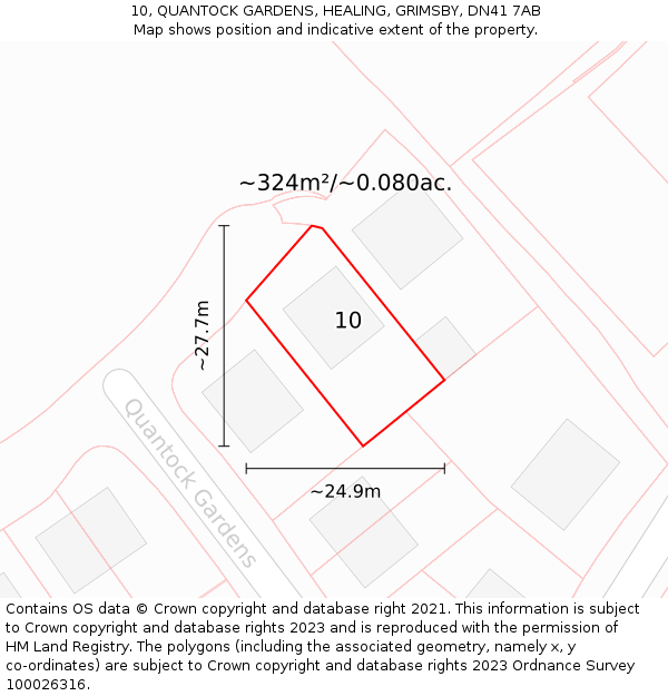 10, QUANTOCK GARDENS, HEALING, GRIMSBY, DN41 7AB: Plot and title map