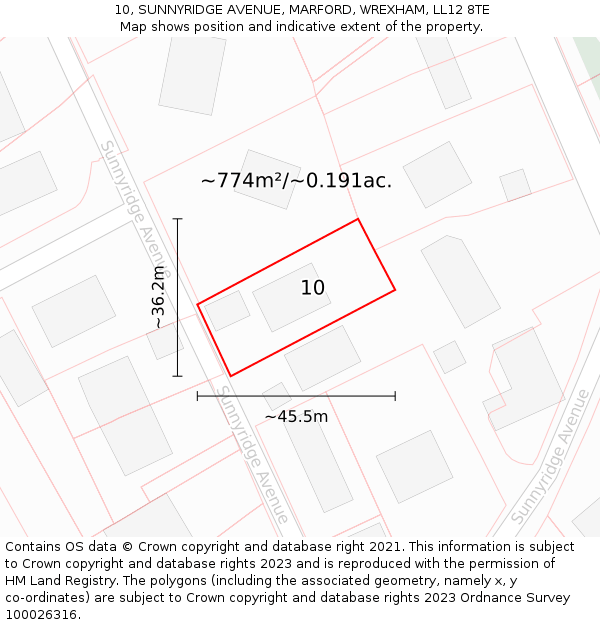 10, SUNNYRIDGE AVENUE, MARFORD, WREXHAM, LL12 8TE: Plot and title map