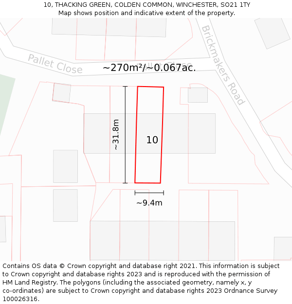 10, THACKING GREEN, COLDEN COMMON, WINCHESTER, SO21 1TY: Plot and title map