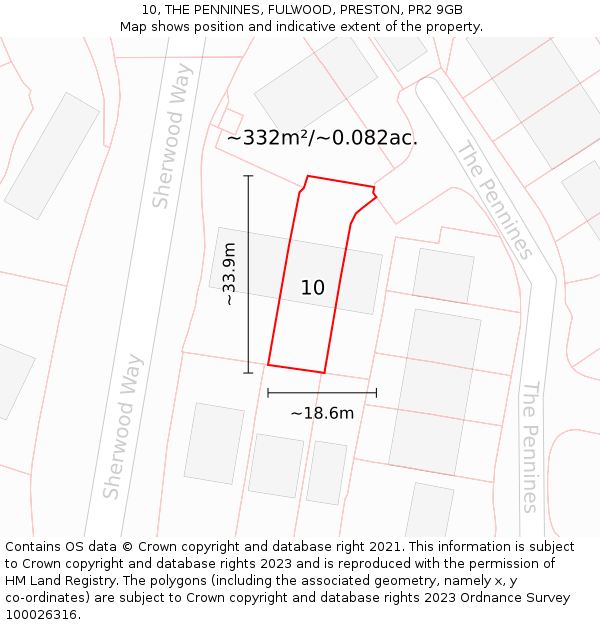 10, THE PENNINES, FULWOOD, PRESTON, PR2 9GB: Plot and title map