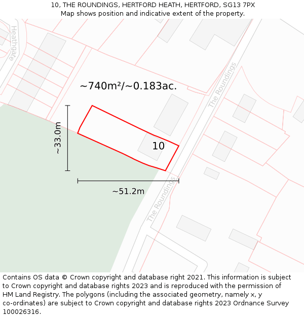 10, THE ROUNDINGS, HERTFORD HEATH, HERTFORD, SG13 7PX: Plot and title map