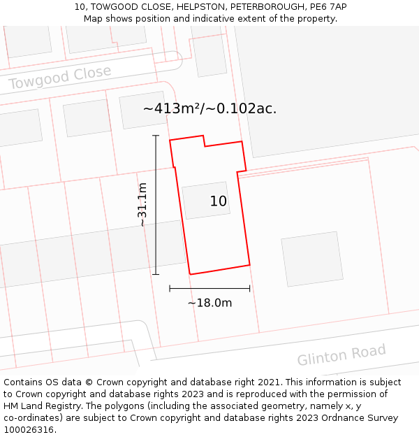 10, TOWGOOD CLOSE, HELPSTON, PETERBOROUGH, PE6 7AP: Plot and title map