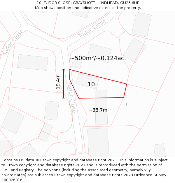 10, TUDOR CLOSE, GRAYSHOTT, HINDHEAD, GU26 6HP: Plot and title map