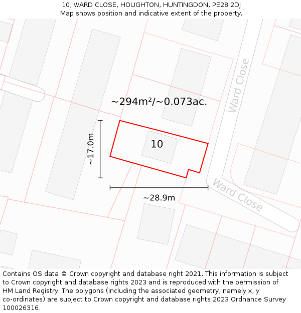 10, WARD CLOSE, HOUGHTON, HUNTINGDON, PE28 2DJ: Plot and title map