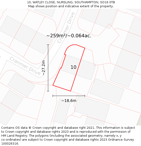 10, WATLEY CLOSE, NURSLING, SOUTHAMPTON, SO16 0TB: Plot and title map