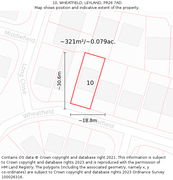 10, WHEATFIELD, LEYLAND, PR26 7AD: Plot and title map