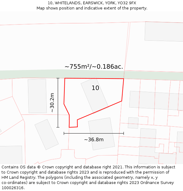 10, WHITELANDS, EARSWICK, YORK, YO32 9FX: Plot and title map