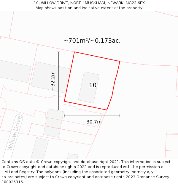 10, WILLOW DRIVE, NORTH MUSKHAM, NEWARK, NG23 6EX: Plot and title map