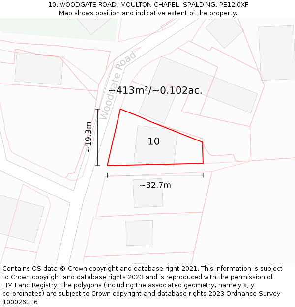 10, WOODGATE ROAD, MOULTON CHAPEL, SPALDING, PE12 0XF: Plot and title map