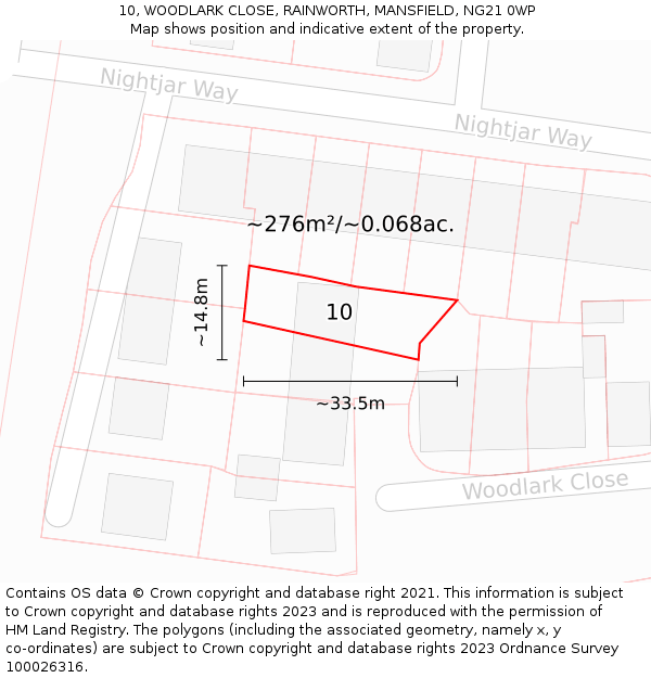 10, WOODLARK CLOSE, RAINWORTH, MANSFIELD, NG21 0WP: Plot and title map