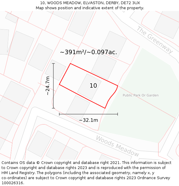 10, WOODS MEADOW, ELVASTON, DERBY, DE72 3UX: Plot and title map