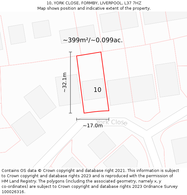 10, YORK CLOSE, FORMBY, LIVERPOOL, L37 7HZ: Plot and title map