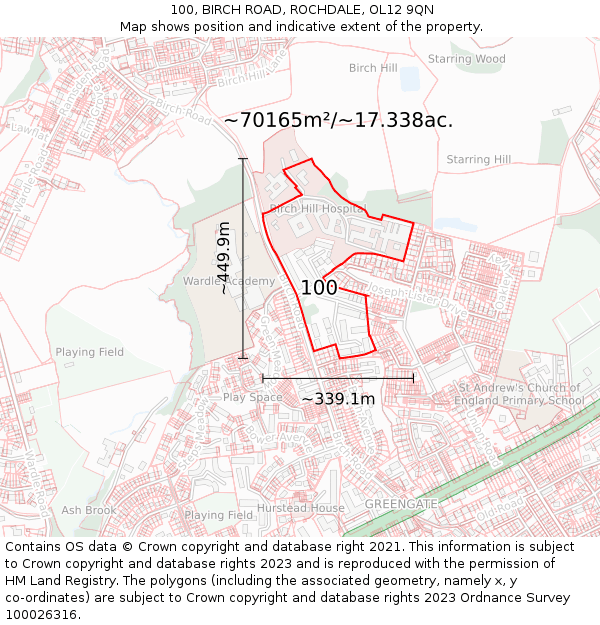 100, BIRCH ROAD, ROCHDALE, OL12 9QN: Plot and title map