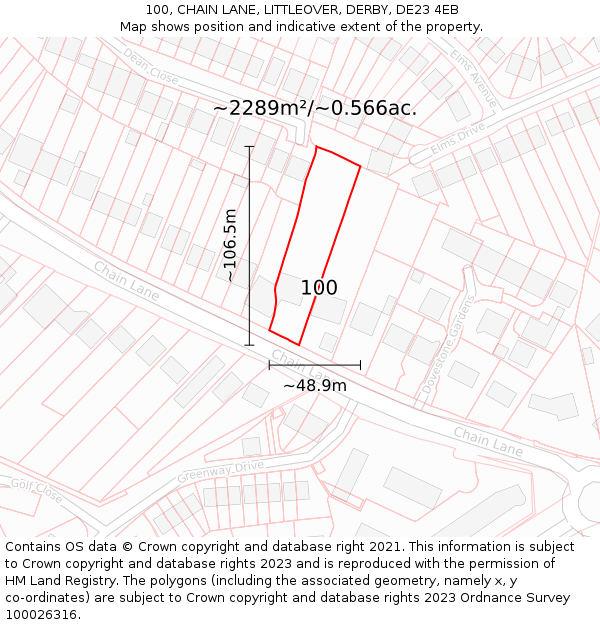 100, CHAIN LANE, LITTLEOVER, DERBY, DE23 4EB: Plot and title map