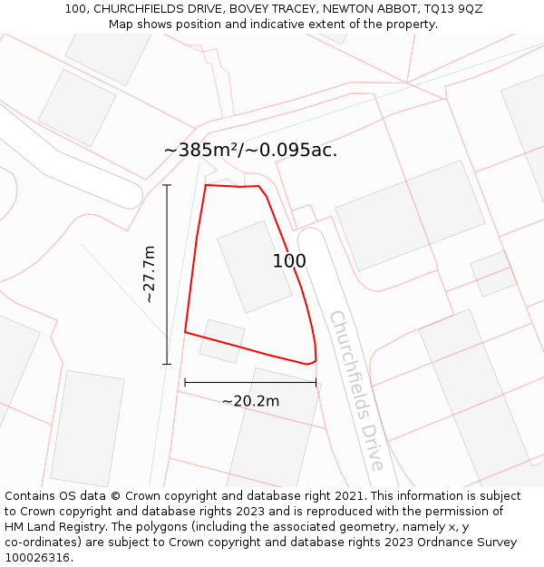 100, CHURCHFIELDS DRIVE, BOVEY TRACEY, NEWTON ABBOT, TQ13 9QZ: Plot and title map