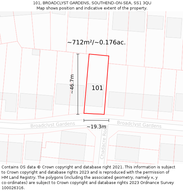 101, BROADCLYST GARDENS, SOUTHEND-ON-SEA, SS1 3QU: Plot and title map