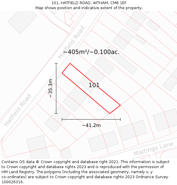 101, HATFIELD ROAD, WITHAM, CM8 1EF: Plot and title map