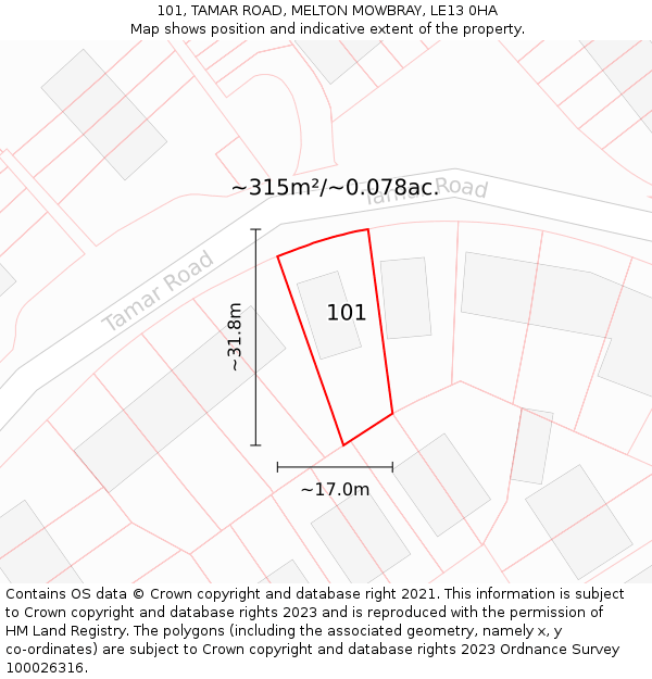 101, TAMAR ROAD, MELTON MOWBRAY, LE13 0HA: Plot and title map