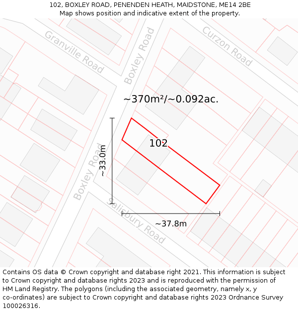 102, BOXLEY ROAD, PENENDEN HEATH, MAIDSTONE, ME14 2BE: Plot and title map