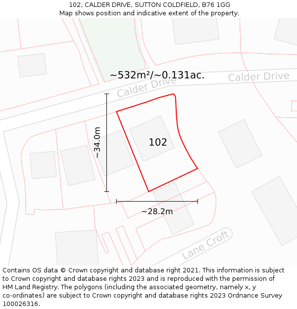 102, CALDER DRIVE, SUTTON COLDFIELD, B76 1GG: Plot and title map