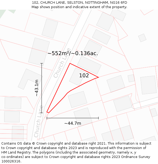 102, CHURCH LANE, SELSTON, NOTTINGHAM, NG16 6FD: Plot and title map