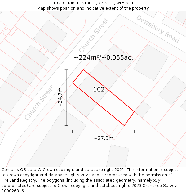 102, CHURCH STREET, OSSETT, WF5 9DT: Plot and title map