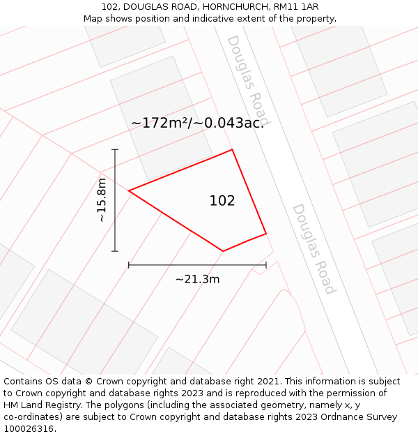 102, DOUGLAS ROAD, HORNCHURCH, RM11 1AR: Plot and title map