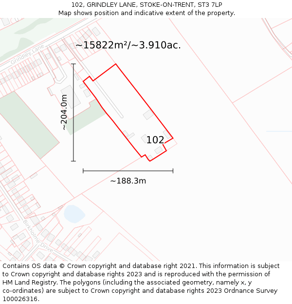 102, GRINDLEY LANE, STOKE-ON-TRENT, ST3 7LP: Plot and title map